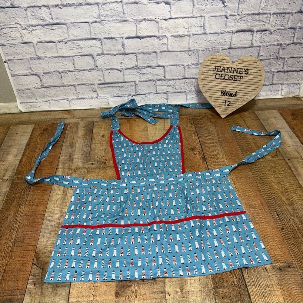 Handmade Blue And Red Lighthouse Ocean Sea Bib Kitchen Painting Apron